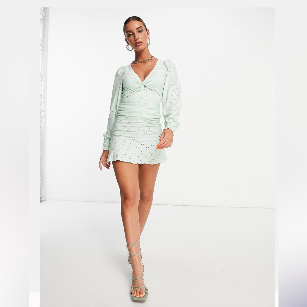 ASOS DESIGN broderie mini dress with ruching and twist detail in mint NWOT